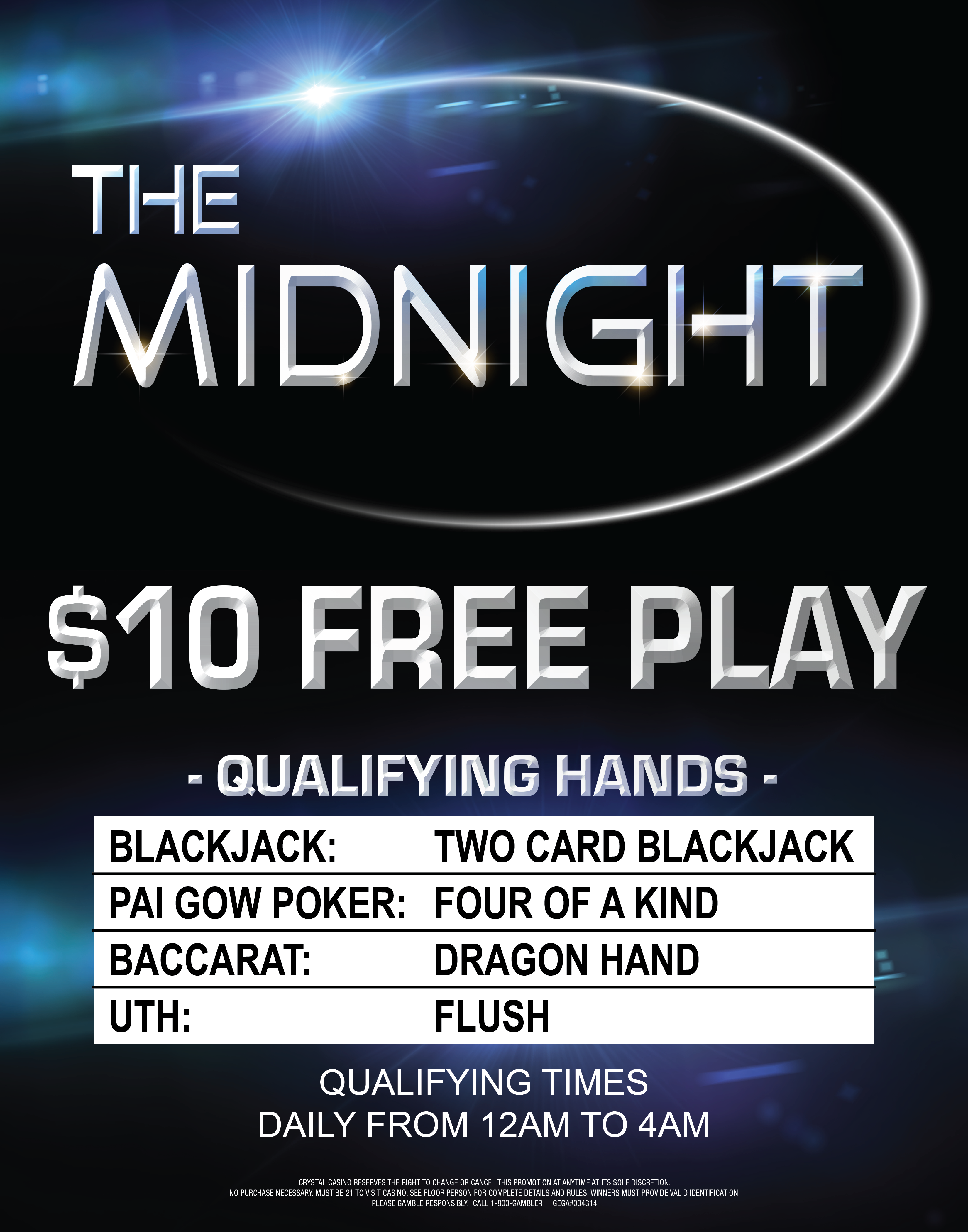 Get $10 FREE PLAY with qualifying hands. 12am to 4am Daily