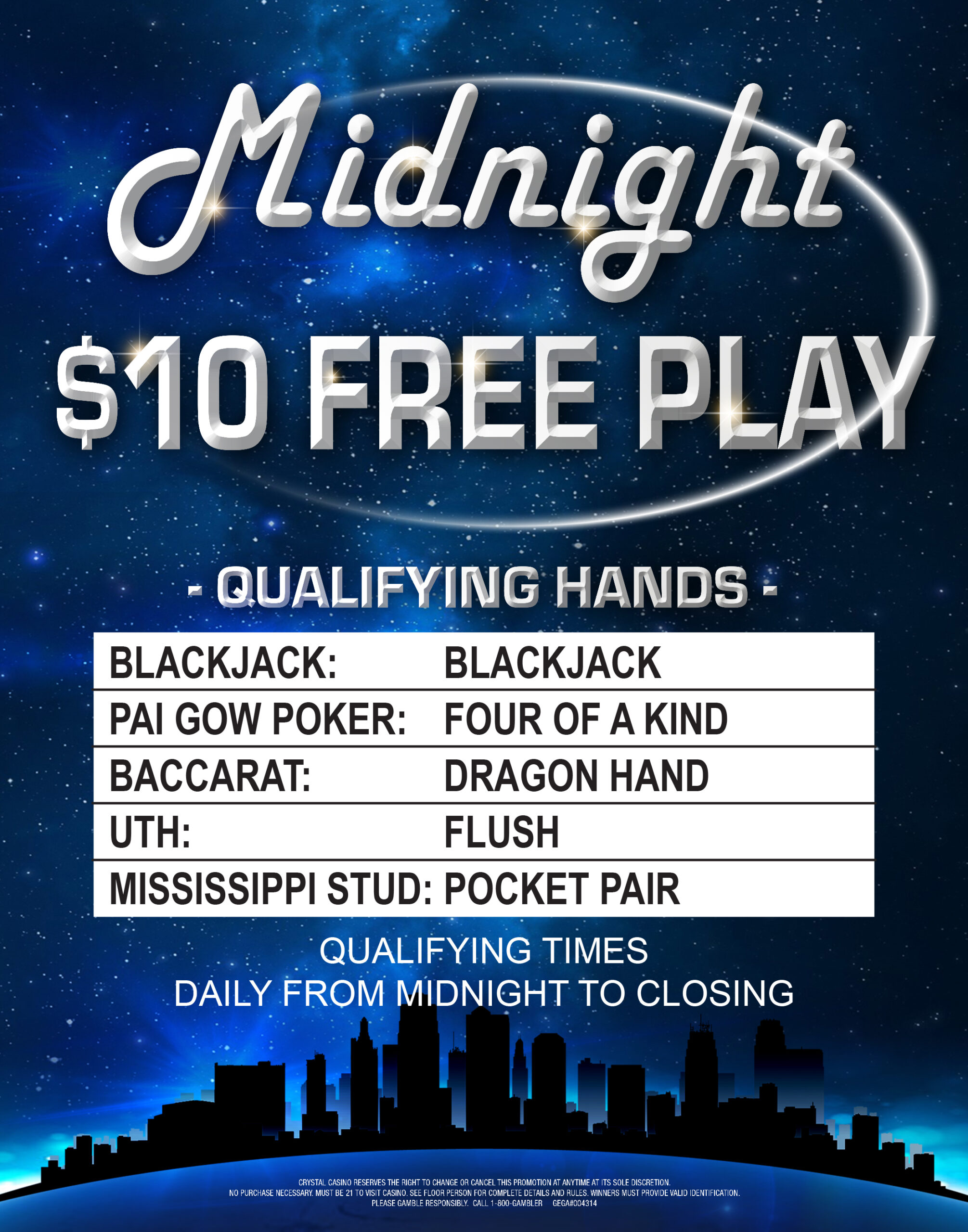 Get $10 FREE PLAY with qualifying hands. 12am to 4am Daily